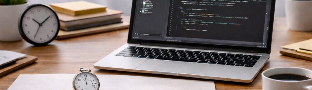 Arbeitsplatz mit Laptop, Uhr und schematischem Ablaufdiagramm, das Zeitlogik und Phasensteuerung als Teil des Systemdesigns zeigt.