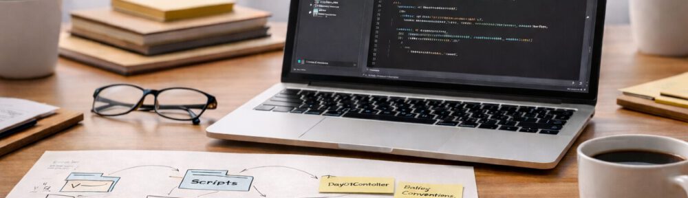 Arbeitsplatz mit Laptop und Skizzen, die eine klare Projekt- und Ordnerstruktur in der technischen Entwicklung zeigen.