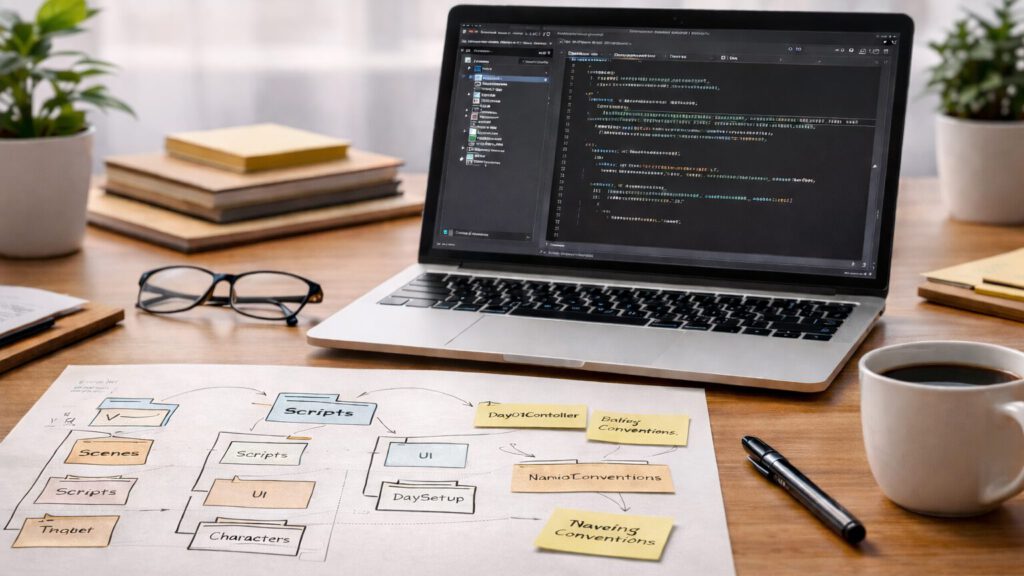 Arbeitsplatz mit Laptop und Skizzen, die eine klare Projekt- und Ordnerstruktur in der technischen Entwicklung zeigen.