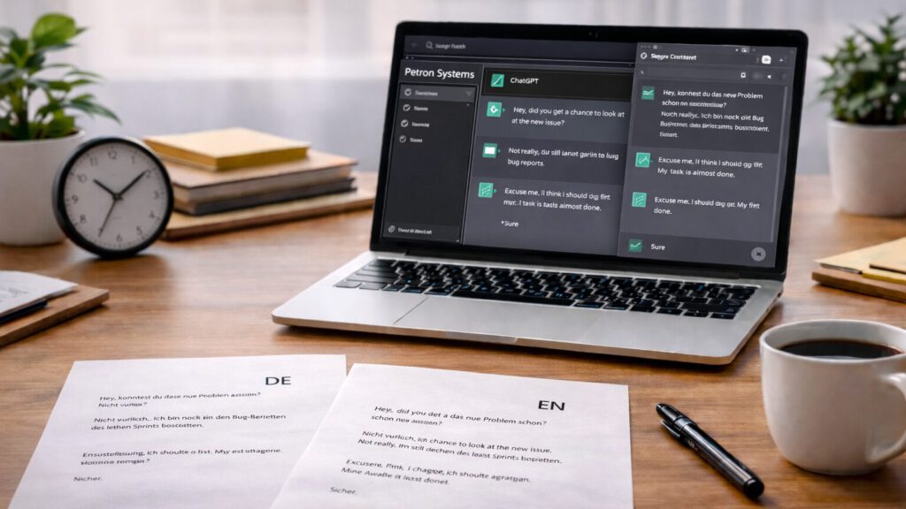 Darstellung eines Entwicklungsarbeitsplatzes mit Textinhalten als Datenbasis für Dialoge und Internationalisierung.