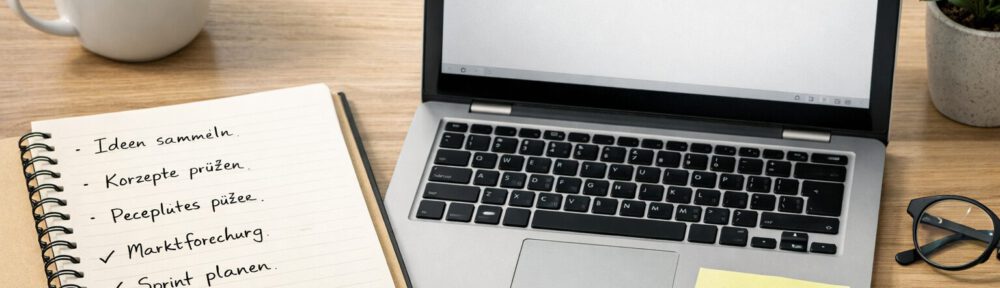 Ein aufgeräumter Schreibtisch, ein offenes Notizbuch und ein Laptop mit Text statt Code. Eine durchgestrichene Aufgabe erinnert daran, dass Lernen manchmal bedeutet, bewusst nichts zu bauen.