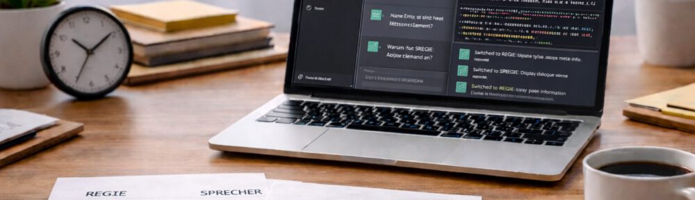 Darstellung eines Entwicklungsarbeitsplatzes mit klar getrennten Informationen für Regie, Sprechertexte und Fehleranalyse.