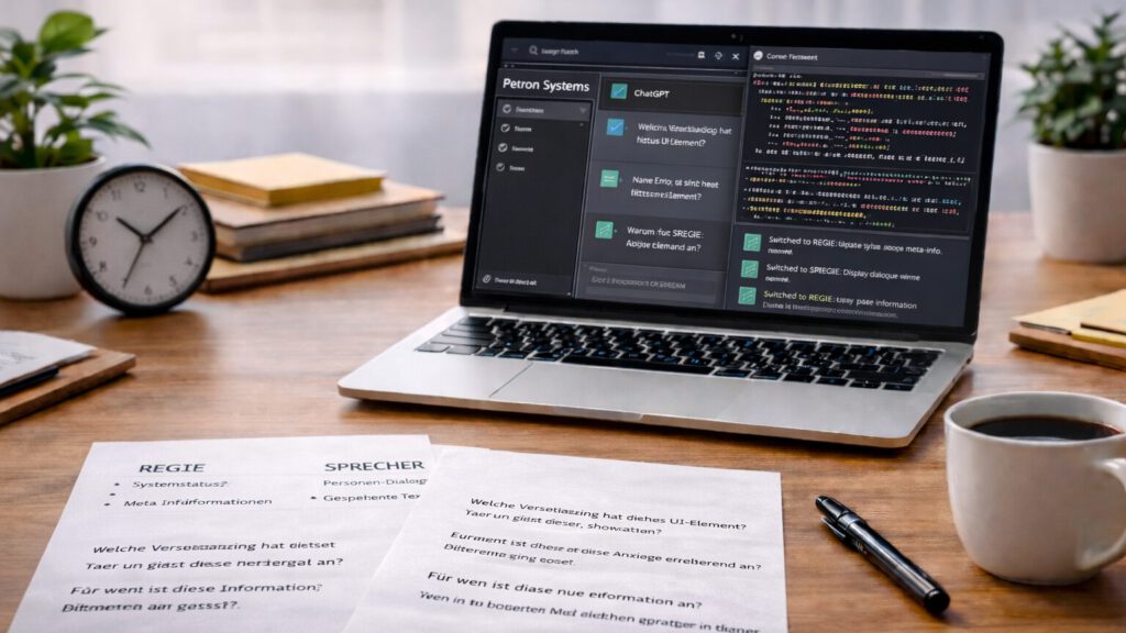 Darstellung eines Entwicklungsarbeitsplatzes mit klar getrennten Informationen für Regie, Sprechertexte und Fehleranalyse.