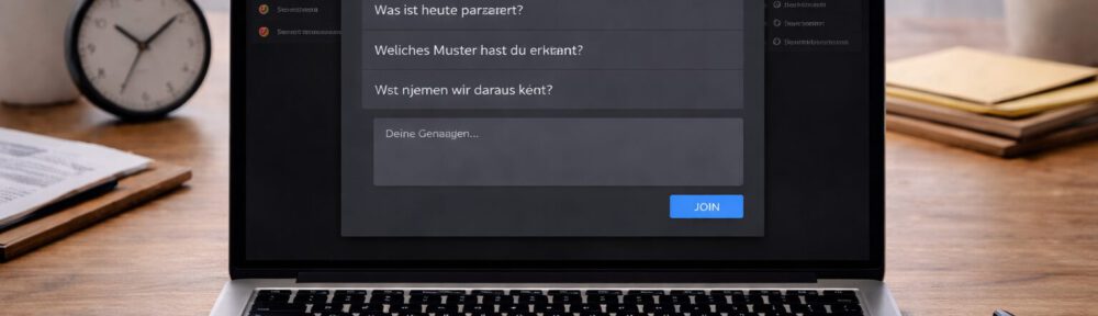 Laptop auf einem aufgeräumten Schreibtisch mit einem Reflexionspanel, das den Übergang vom Ablauf zur bewussten Nachbereitung einer Intervention markiert.