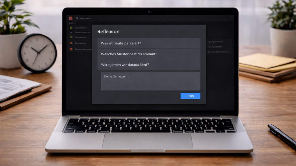 Laptop auf einem aufgeräumten Schreibtisch mit einem Reflexionspanel, das den Übergang vom Ablauf zur bewussten Nachbereitung einer Intervention markiert.