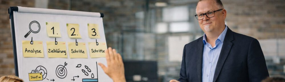 Alexander Vollberg moderiert einen Workshop zur Organisationsentwicklung. Er steht vor einer Gruppe von Teilnehmenden in einem professionellen Arbeitsumfeld und erläutert Inhalte am Flipchart. Seine Haltung ist ruhig und aufmerksam, der Fokus liegt auf Struktur und gemeinsamer Klärung.